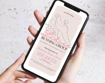Pode incluir: Uma tela de telefone rosa e branca exibindo um convite para um grupo de corrida. O convite apresenta um desenho estilizado de um tênis de corrida e o texto "Ladies Running Group" com a data "January 23" e a hora "at 9 AM".
