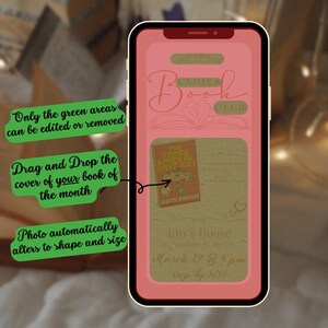 K&ouml;nnte beinhalten: Ein rosa Smartphone-Bildschirm zeigt eine Einladung zu einem Buchclub. Die Einladung hat einen braunen Hintergrund mit dem Text "Ladies Book Club" und einem Buchcover-Bild. Der Text "March 22 um 16:00 Uhr" und "Amy's House" ist ebenfalls sichtbar.