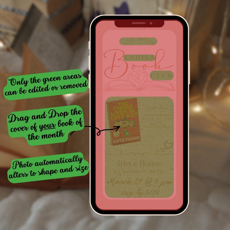 K&ouml;nnte beinhalten: Ein rosa Smartphone-Bildschirm zeigt eine Einladung zu einem Buchclub. Die Einladung hat einen braunen Hintergrund mit dem Text "Ladies Book Club" und einem Buchcover-Bild. Der Text "March 22 um 16:00 Uhr" und "Amy's House" ist ebenfalls sichtbar.