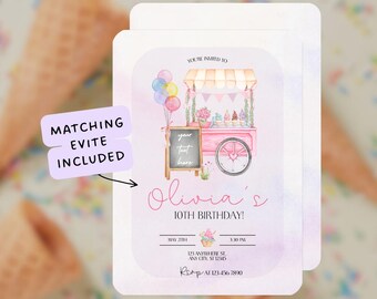 May include: A pink and white ice cream cart with balloons and a chalkboard sign that says "your text here". The text "Olivia's 10th Birthday!" is written in pink script. The invitation includes the date, time, and RSVP information.