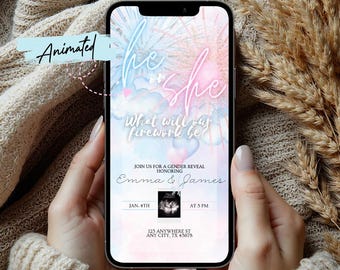 ANIMATED Feuerwerk Gender Reveal Einladung Bearbeitbare Vorlage Digitaler Download Blau und Pink Firecracker Invite