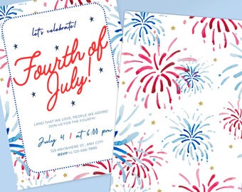 Fourth of July Watercolor Fireworks Red White and Blue Party Invitation Instant Download Canva