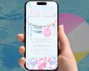 Summer Splish Splash Mobile Gender Reveal Digital Ducks, Bows and Water Themed Invitation Instant Download Canva