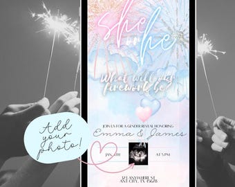 Animated Fireworks Gender Reveal Invitation Editable Template Digital Download Blue and Pink Firecracker Invite