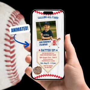 May include: A smartphone displays a baseball-themed birthday invitation. The invitation features a photo of a child holding a bat, with text that reads "Anthony Turns 5" and "Batter Up!" The design includes baseball stitching and the words "Calling All Fans!"