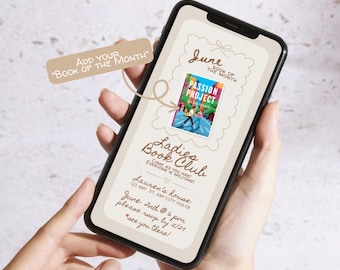 Könnte beinhalten: Ein Smartphone-Bildschirm zeigt eine Einladung zu einem Buchclub für Juni. Die Einladung zeigt ein Buchcover mit dem Titel "Passion Project" und dem Text "Ladies Book Club, Come as you are! Everyone is welcome!"  Lauren's Haus, 123 Any St. Any City 45678, 2. Juni um 18:00 Uhr, bitte bis zum 24. Mai Bescheid geben, *wir sehen uns dort!"