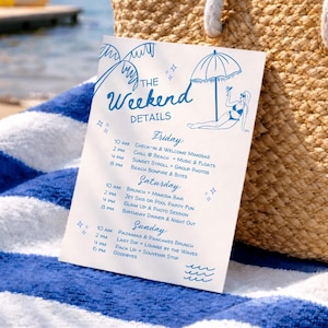 Hand Drawn Pool or Beach Itinerary and RSVP Form Party Invitation Blue and Beige Instant Download Canva