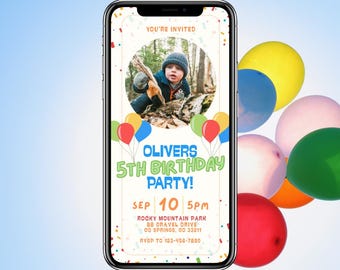 Invitación digital para fiesta de cumpleaños infantil con globos tradicionales de colores (para cualquier edad), incluye foto. Descarga instantánea en Canva.