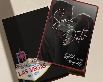 Tarjeta editable "Guarda la fecha" para boda en Las Vegas con foto, descarga instantánea (Canva)