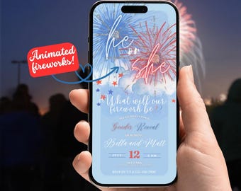 Fourth of July Fireworks Gender Reveal Red White and Blue Mobile Invitation Animated Instant Download Canva
