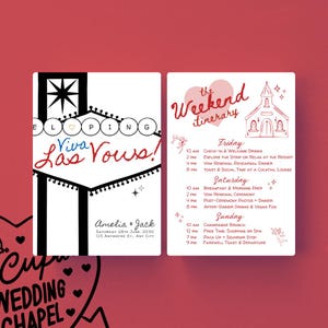 Invitación e itinerario dibujados a mano para una boda fugaz o renovación de votos en Las Vegas. Plantilla de boda en rojo y blanco Viva Los Vows. Descarga instantánea en Canva.