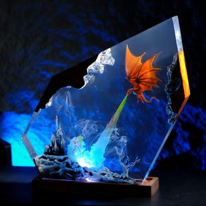 Handmade Fire-Breathing Dragon Resin Lamp | Fantasy Dragon Night Light | Epoxy Dragon Flame Art | Gift for Mythical Creature Lovers