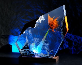 Handmade Fire-Breathing Dragon Resin Lamp | Fantasy Dragon Night Light | Epoxy Dragon Flame Art | Gift for Mythical Creature Lovers