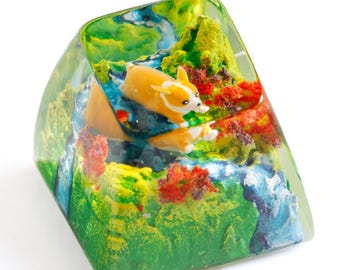 Handgemaakte Corgi Resin Keycap – Cute Dog Landscape Artisan Keycap voor mechanisch toetsenbord | Uniek cadeau voor hondenliefhebbers en gamers, keycap schattig