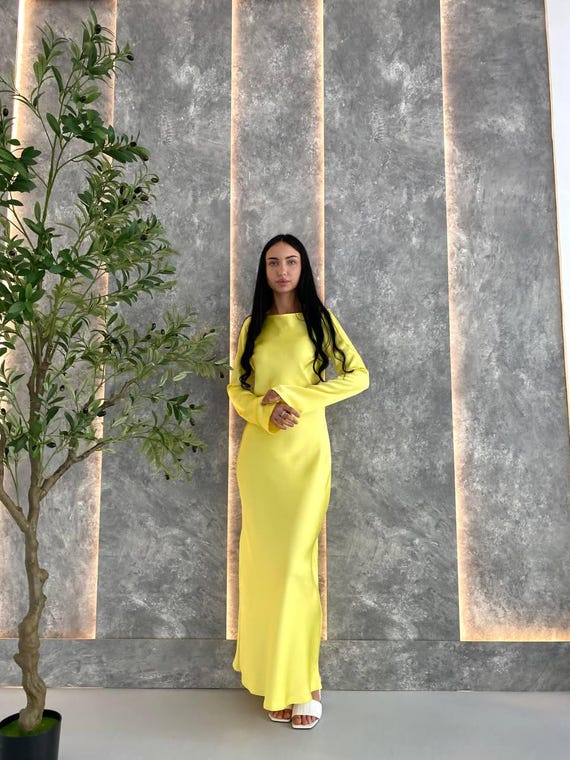 Yellow Satin Maxi Dress: Italian Silky Elegant Evening Gown Yellow Satin Maxi Dress: Italian Silky Elegant Evening Gown