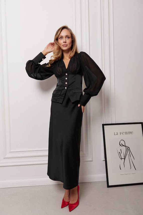 Black Satin Blouse and Skirt Set, Elegant Two Piece Outfit, Chiffon Sleeve Blouse, High Waist Midi Skirt, Evening Women Set Black Satin Blouse and Skirt Set, Elegant Two Piece Outfit, Chiffon Sleeve Blouse, High Waist Midi Skirt, Evening Women Set