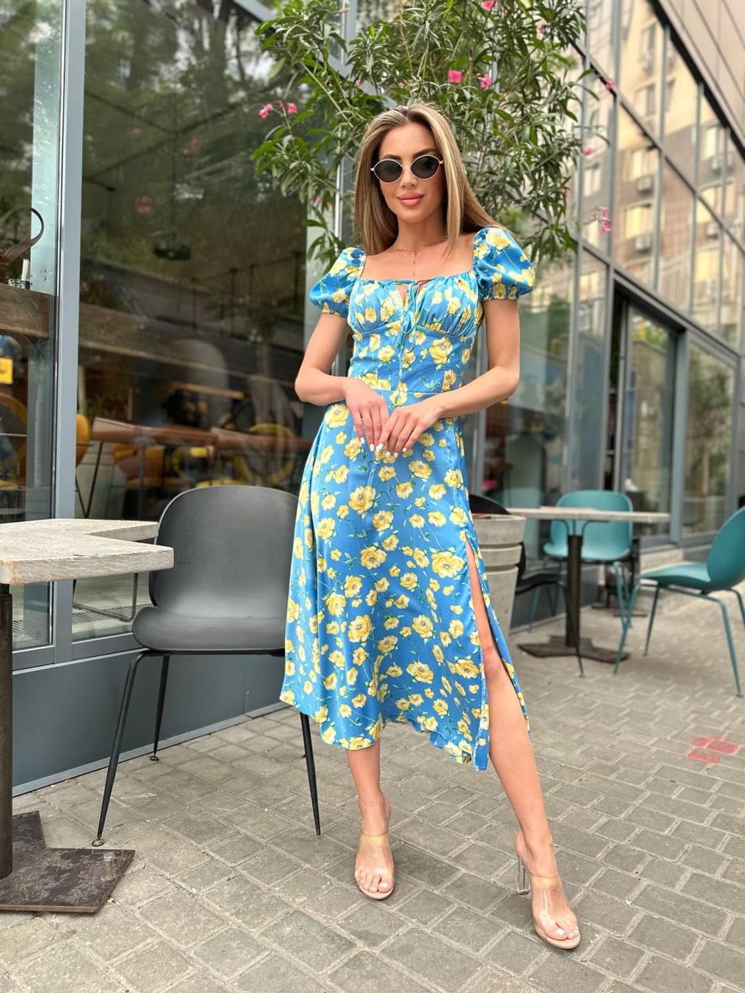 Summer Dress with Yellow Flowers on Blue Italian Silk Satin Summer Dress with Yellow Flowers on Blue Italian Silk Satin