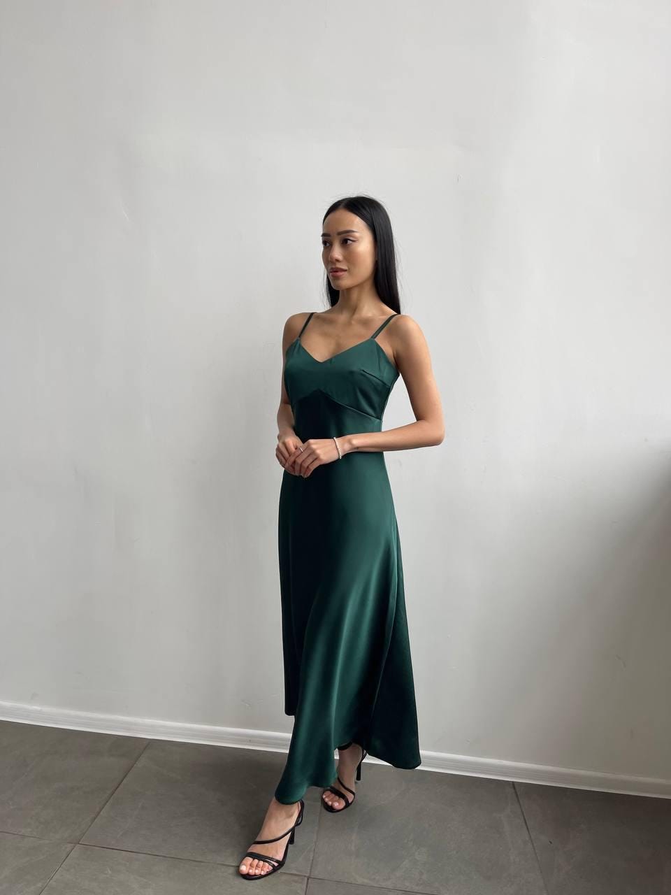 Emerald Satin Slip Dress: Elegant Midi Spaghetti Strap Formal Gown - Etsy