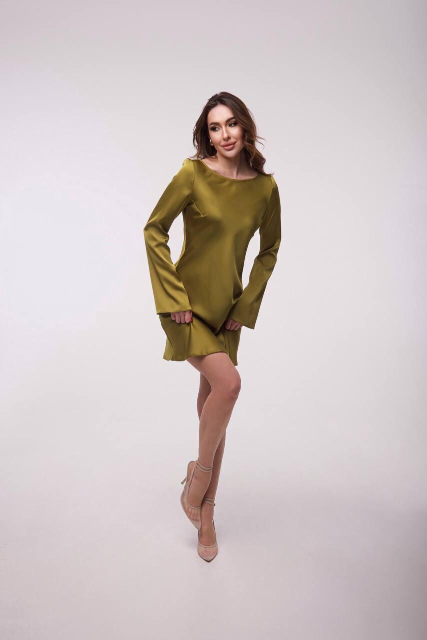 Olive Green Mini Dress – Italian Silk Satin Cocktail Dress With Long Sleeves