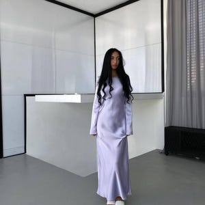 lilac satin dress long sleeve Lavender Long Sleeves Maxi Satin Dress, Lilac Extra Full Floor Length Slip Dress,Silky Bias Cut Dress,Bridesmaids,Hijab,Evening gown