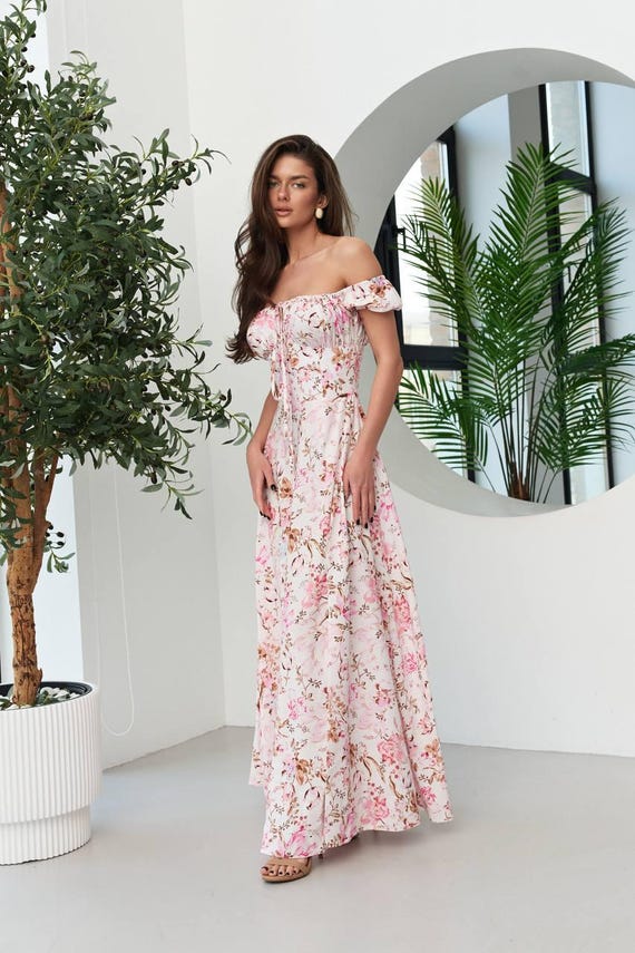 Blush Pink Floral Maxi Dress, Romantic Boho A-line Summer Viscose Cottagecore