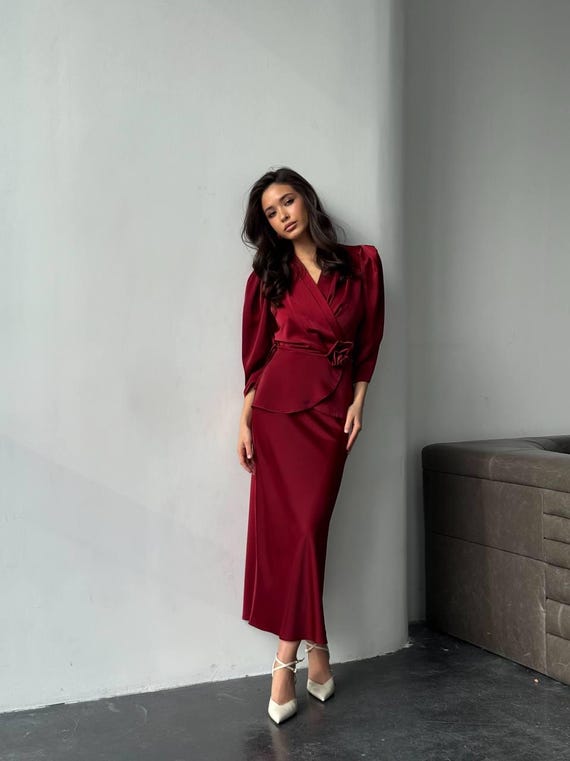 Burgundy Silk Satin Two Piece Set: Wrap Blouse & Midi Skirt