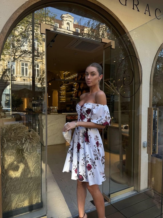 Off-Shoulder Floral Cotton Dress with Smocked Back - Romantic Summer Sundress with Real Buttons