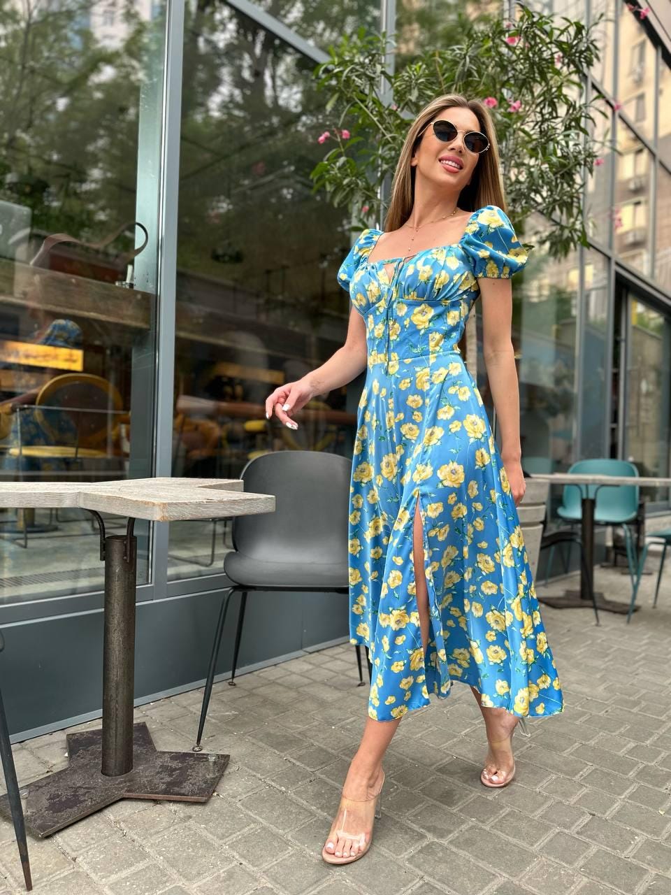 navy blue dress with yellow flowers NicoBlu Darcy Long Navy Tunic Dress in Midnight Garden and Gold Embellishment