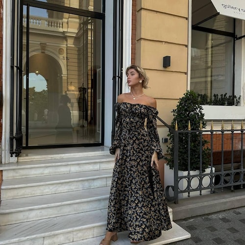 Floral Off-Shoulder Maxi Dress in Italian Silk Satin - Romantic Long Sleeve Evening Gown