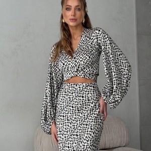 Silk Satin Two-Piece Set – Crop Top Midi Skirt  Elegant Black White Printed Outfit Women’s Matching Set