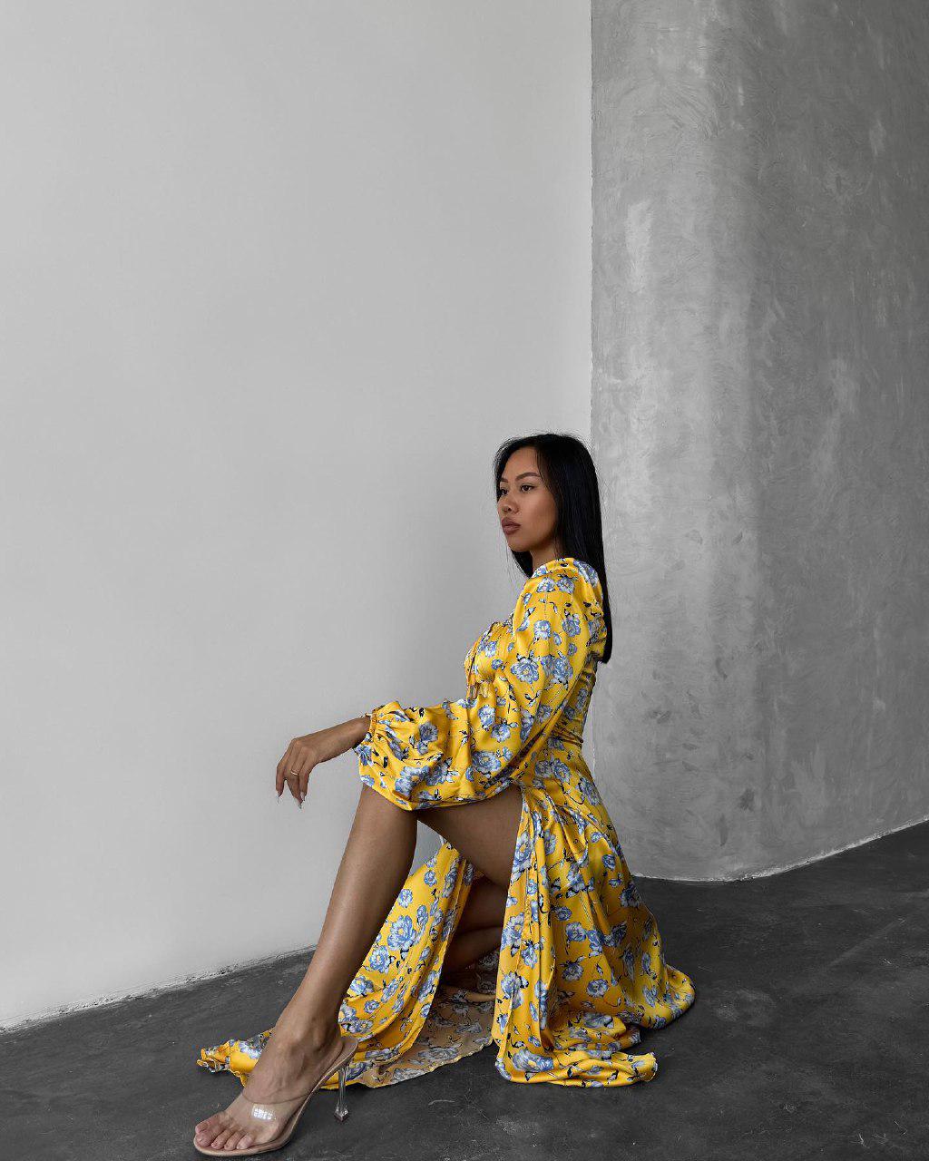 yellow satin floral print maxi dress Embellished floral ruffled silk satin maxi dress in yellow - Camilla