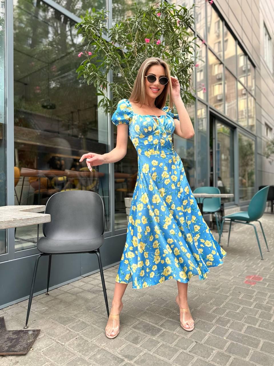 light blue dress with yellow flowers Light Blue with Yellow Flowers Asymmetrical Maxi Dress