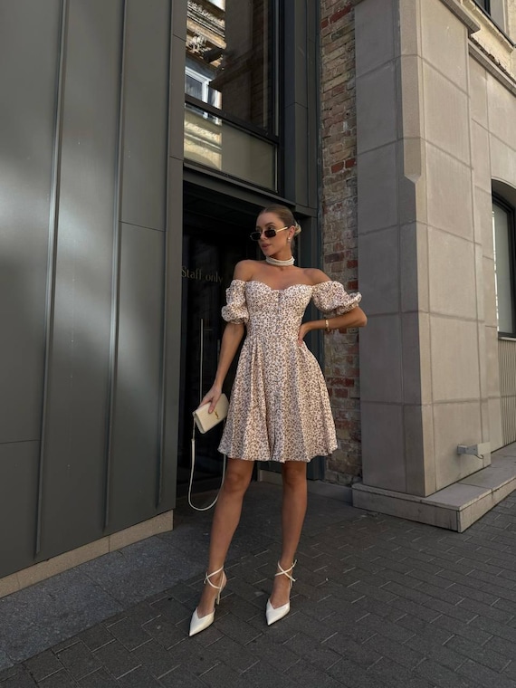 Off-shoulder Puff Sleeve Mini Dress Beige Floral Cotton Dress With Button Front & Fitted Waist - Etsy UK Off-shoulder Puff Sleeve Mini Dress Beige Floral Cotton Dress With Button Front & Fitted Waist - Etsy UK