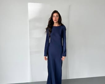 Navy Blue Italian Satin Maxi Dress – Elegant Long Sleeve Formal Evening Gown