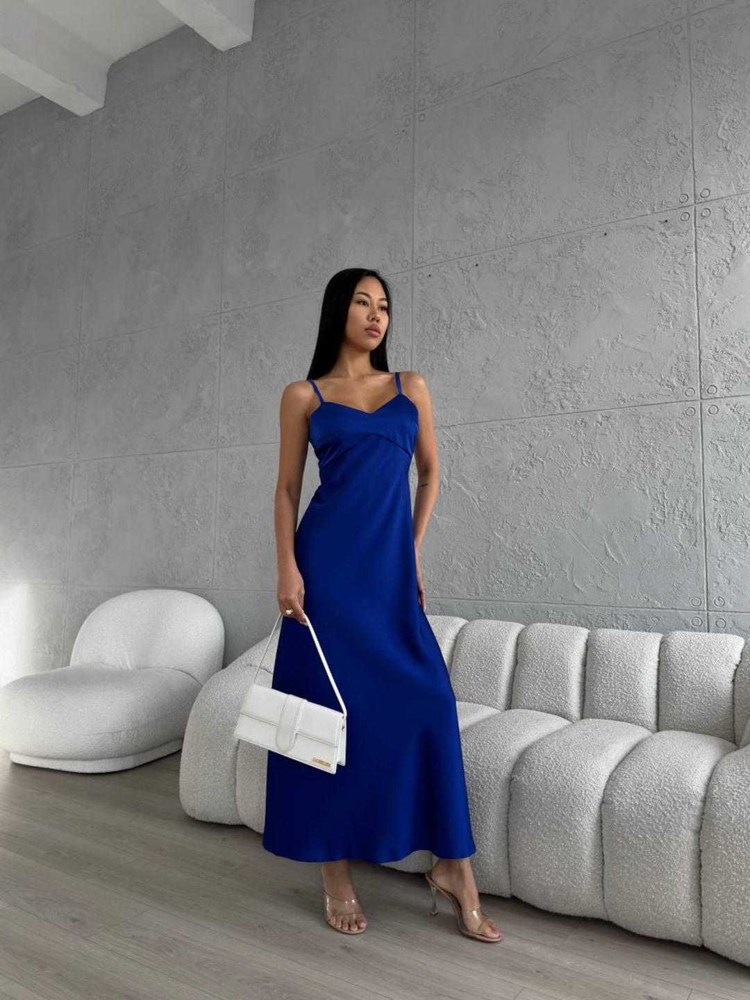royal blue slip dress Royal Blue Satin Slip Dress: Minimalist Evening Gown