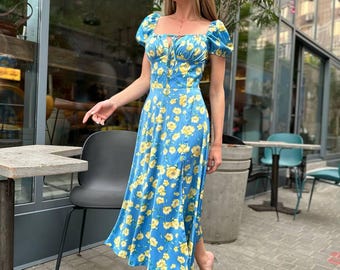 Summer Dress with Yellow Flowers on Blue Italian Silk Satin