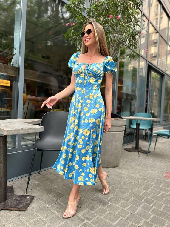 Summer Dress with Yellow Flowers on Blue Italian Silk Satin