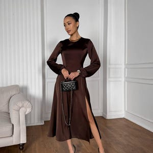 Luxury Chocolate Satin Dress with Long Sleeves and Side Slit