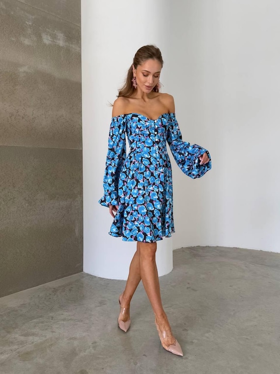 Floral Print Satin Mini Dress: off Shoulder Smocked Dress - Etsy Israel