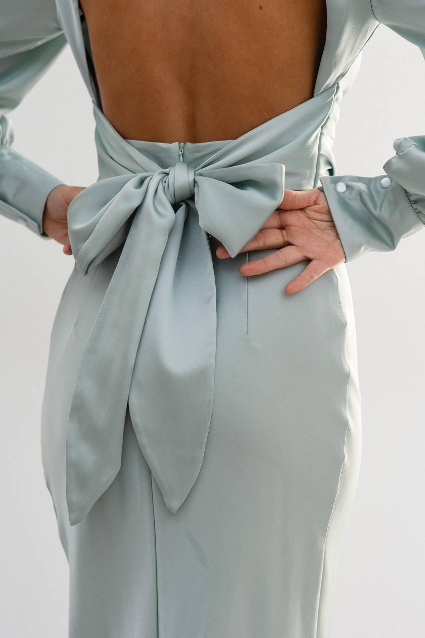 Silky Satin Mint Green Dress: Open Back With Bow Detail - Etsy