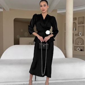 Elegant Black Two Piece Set – Italian Silk Satin Blouse and Skirt – Formal Event Outfit – Evening Midi Skirt and Top – Cocktail Set