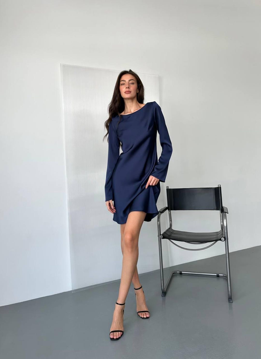 Navy Blue Elegance - Italian Silk Satin Mini Dress with Long Sleeves