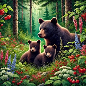 Black Bear Art Print, Forest Wildlife Art, Bear Family Print, Mother Bear Painting, Wildlife Artwork