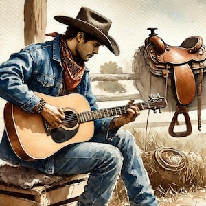 Cowboy Art Prints, Western watercolor, Rustic home decor, Country music art, Cowboy guitar painting
