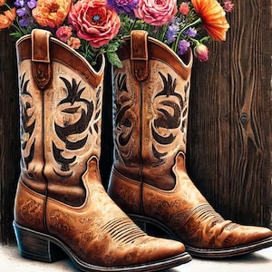 Cowboy Boot Art Print, Rustic Home Accents, Wildflower Arrangements, Country Home Decor, Western Style Art, Floral Boots