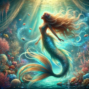Mermaid Art Print, Underwater fantasy, Oceanic wall decor, Mythical sea creature, Marine artwork