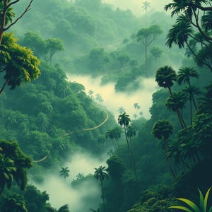 Tropical Jungle Art Print, Misty Forest Print, Rainforest Wall Decor, Lush Greenery Artwork, Exotic Jungle Scene, Tropical Landscape Art