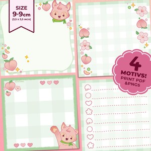May include: Four printable planner pages with a peach and fox theme. Each page is 9x9 inches and features a green and white gingham pattern. The pages include a blank page, a page with hearts, a page with circles, and a page with lines.