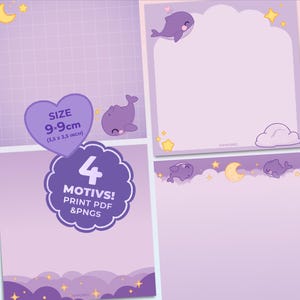 May include: Four printable notepaper designs featuring a purple whale, stars, and a crescent moon on a light purple background. The notepaper is 9cm by 9cm.