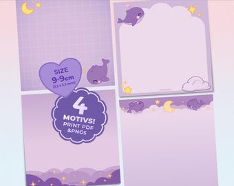 Bloc de notas imprimible con diseño de ballena morada / Descarga en PDF y PNG 3x3 / Motivo de ballena morada de BTS, nubes y destellos